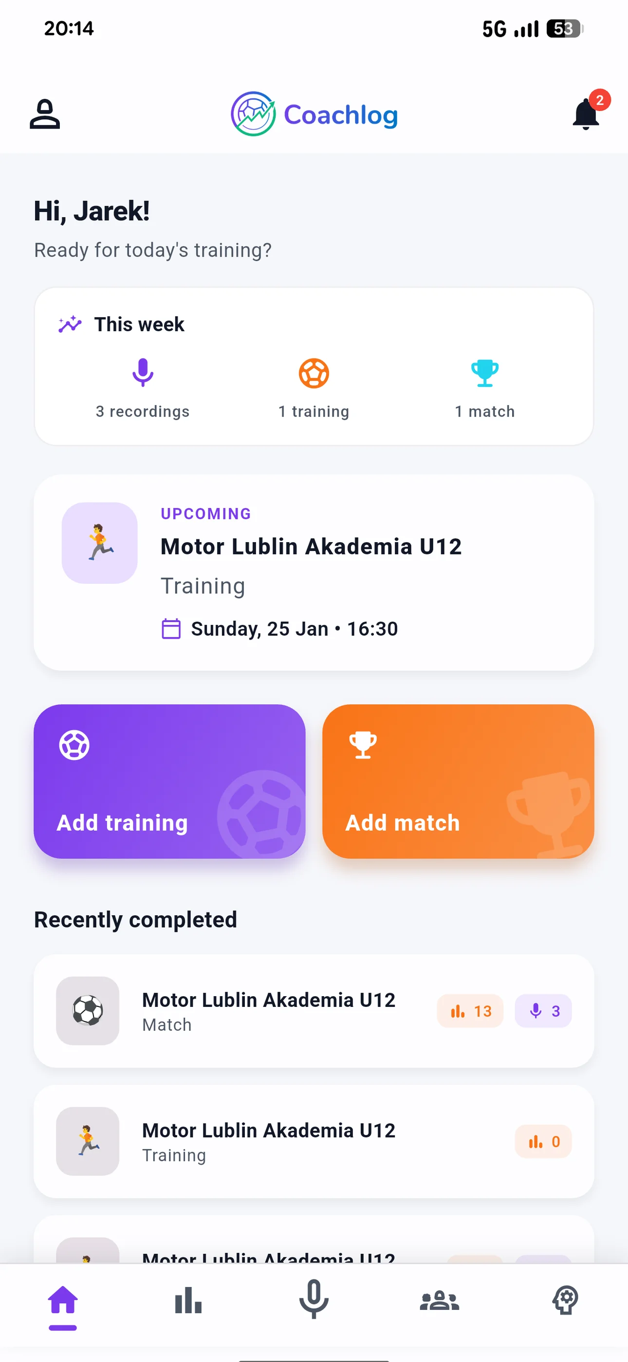 Coachlog home screen