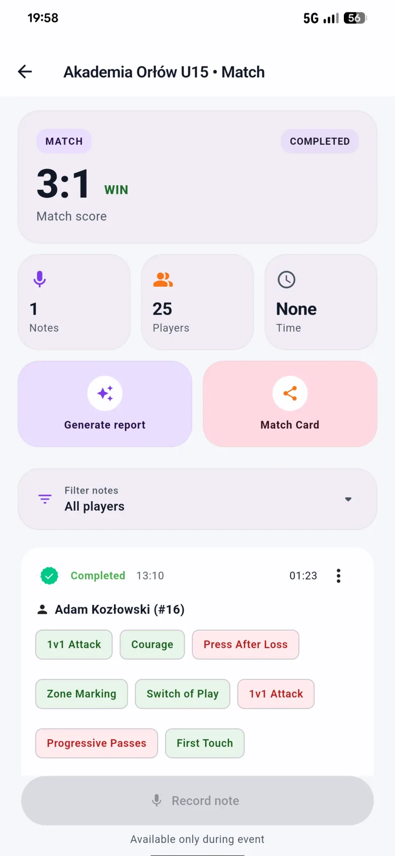 Match summary with voice notes